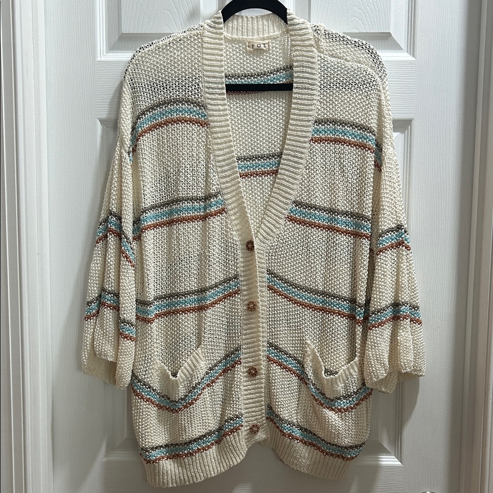 POL Cream and Blue Striped Cardigan